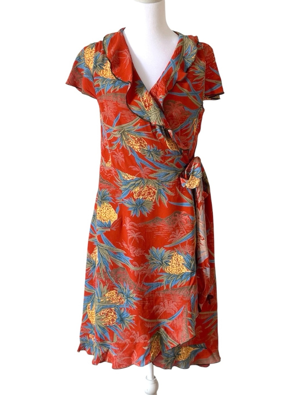 Vintage Diva Dollz Wrap Dress Hawaiian Print Pineapple Coastal Tropical Medium